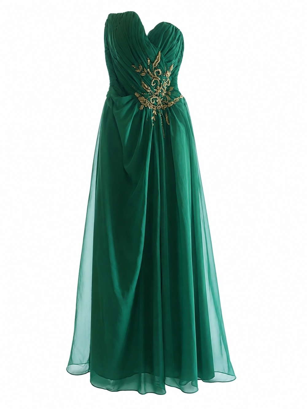 Strapless Emerald Evening Gown with Gold Embellishment